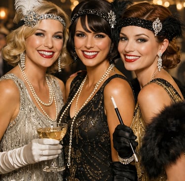 Three pretty women in 1920s flapper dresses