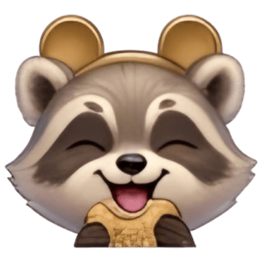 A cute, smiling raccoon emoji with golden mouse ears on a black background.