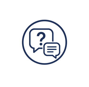 Dark blue circular icon featuring speech bubbles with a question mark for customer support and FAQ.