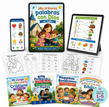 Educational set of Spanish Christian children's books, digital tablets, and printable activity worksheets for kids.