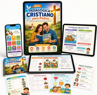 Christian pedagogical guide for parents featuring educational tablets and worksheets for teaching children biblical values
