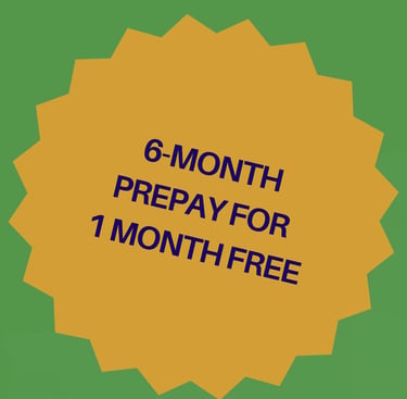 A gold starburst badge on a green background featuring a 6-month prepay for 1 month free special offer.