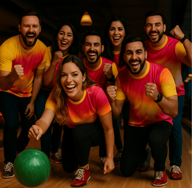 a group of people standing around a bowling ball