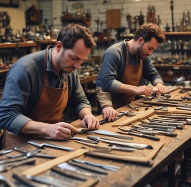 A man is seated while sharpening a tool on a large, spinning grindstone in a workshop. Sparks are flying from the tool being sharpened. The space is filled with various knives and tools displayed on the walls, along with other equipment and workshop items.