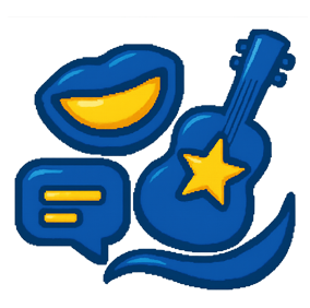 logo for 'better with eu' depicting a laughing mouth, a guitar and a speech bubble.
