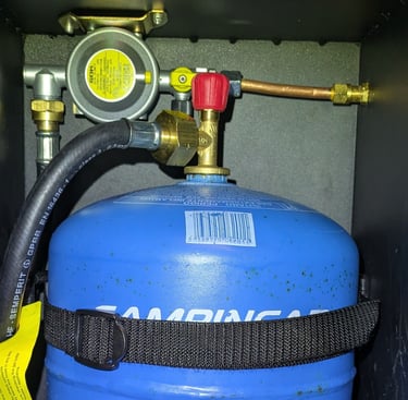 Campervan gas installation - Campingaz bottle with bulkhead mounted regulator