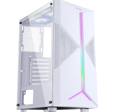 a white computer case with a rainbow colored light