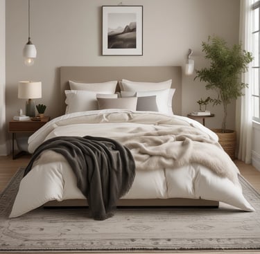 Modern bedroom with soft neutrals, greenery, and minimal decor.