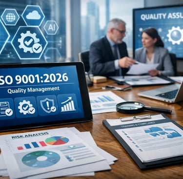 ISO 9001:2026 em ambiente corporativo com análise de riscos, auditoria e gestão da qualidade em escr