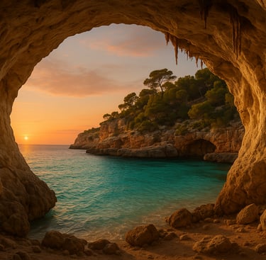 Vista evocadora desde el interior de una cueva marina en Mallorca, enmarcando una cala de aguas turquesas y un cielo dorado