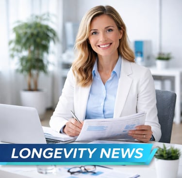 Smiling female professional at a desk with paperwork for Longevity News business updates.