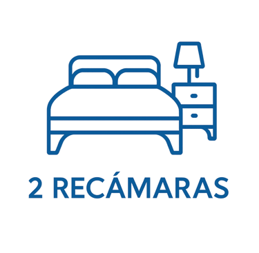 Ícono azul de cama con buró que representa departamento con 2 recámaras, diseño ilustrativo