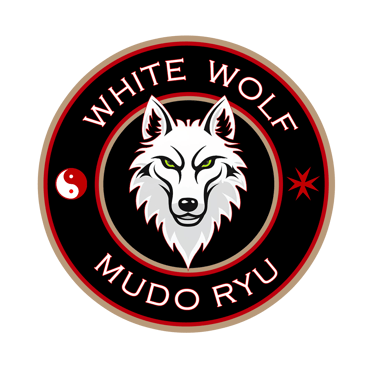 White Wolf Mudo Ryu martial arts logo featuring a white wolf head with green eyes inside a black circle.