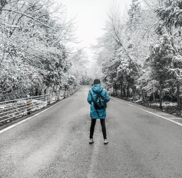 Woman in blue jacket, standing and facing a long icy road. beside the road are rows of ice covered trees.