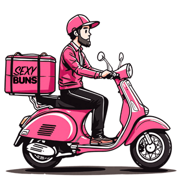 a cartoon pink delivery driver on a sexy buns branded scooter