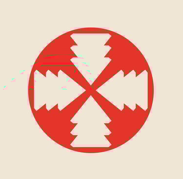 a red and beige circular shaped icon with arrows pointing to the center