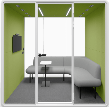 Type G-02: Group pod with corner sofa, small table, and wall screen, green interior
