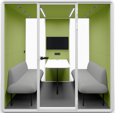Type G-03: Meeting pod with two sofas, central table, and wall screen, green acoustic walls