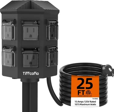 Outdoor Power Strip Weatherproof, 25 FT Extension Cord with Stake, 6 Grounded Outlets for Yard, Pool
