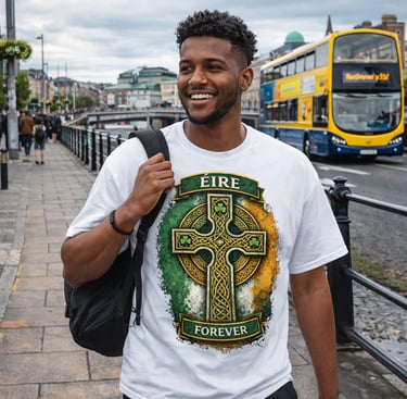Smiling man in Dublin wearing an Eire Forever Celtic cross t-shirt near a yellow bus.