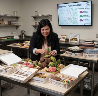Un chef pastelero organiza conchas y cajas de catering temáticas en una cocina de panadería.
