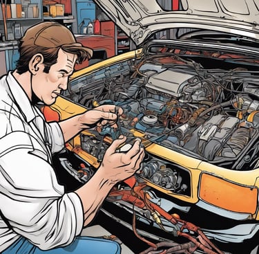 Cartoon of a mechanic performing wire repair on a car