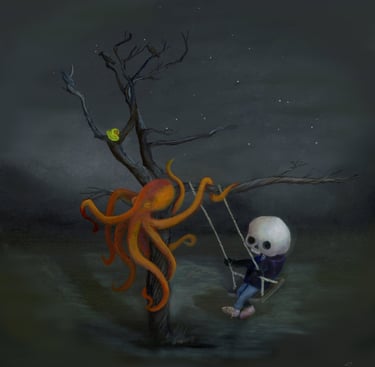 a skeleton skeleton in a swing set