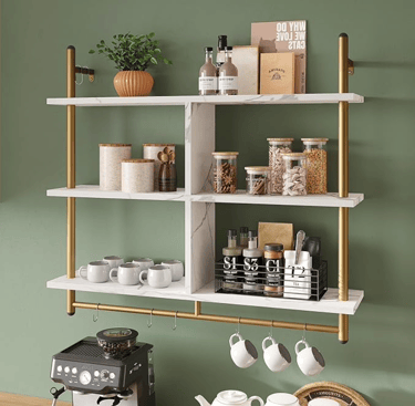 Shelve with marble and gold displaying items