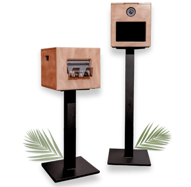 a speaker system with a wooden box on top of it