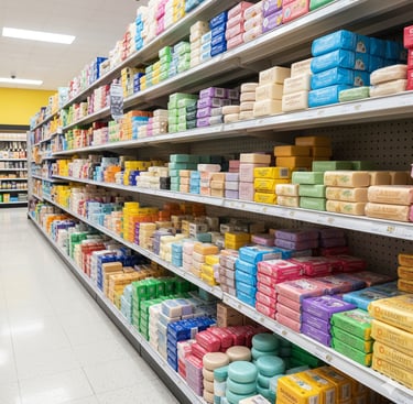 a store shelf with soap bars and soap bars