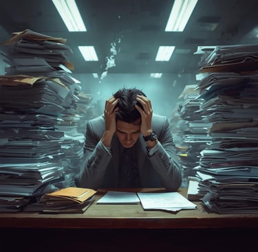 Overwhelmed man holding his head while surrounded by work, representing inefficient manual business 
