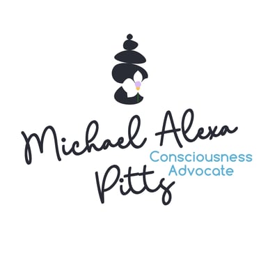 Brand art of Michael Alexa Pitts, in black cursive, Consciousness Advocate, skyblue print, a black rock cairn, a white orchid