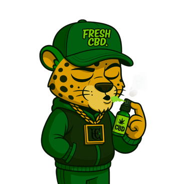 Leopardo Fresh CBD con gorra y sudadera tomando té o infusión