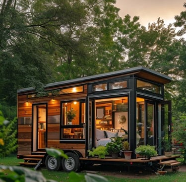Tiny house on wheels in the forest the lights on
