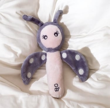 Doudou hochet pouet obaibi coccinelle rose et violette à pois