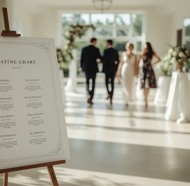 Plan de table de mariage élégant affiché sur chevalet en bois à l’entrée d’une salle lumineuse.