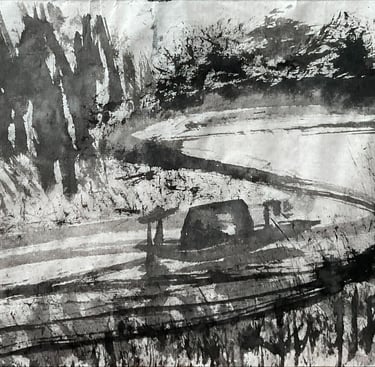 Traditional Chinese ink wash painting of a small boat on a winding river with expressive brushwork.
