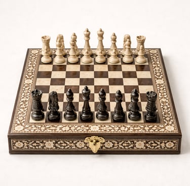 Camel bone chess sets with engraved board and handcrafted pieces.