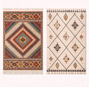 Handmade floor rug with decorative border design and soft woven texture.