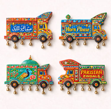 Colorful truck art key holders with miniature truck designs