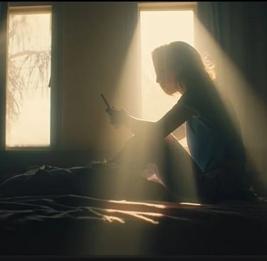 a woman sitting on a bed in a dark room
