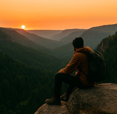 Backpacker sitting on cliff edge at sunset looking over scenic valley