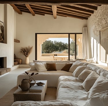 Sala de estar con un gran ventanal, en el medio un gran sofá con almohadas.