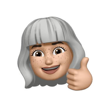 Smiling female Memoji with freckles and grey hair giving a thumbs up gesture on a black background.