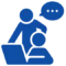 A blue icon showing two people engaged in learning. One person is seated using a laptop while the other stands and points