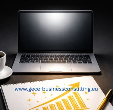 gece business consulting servicios digitales integrales. Gray laptop, black background, coffee cup