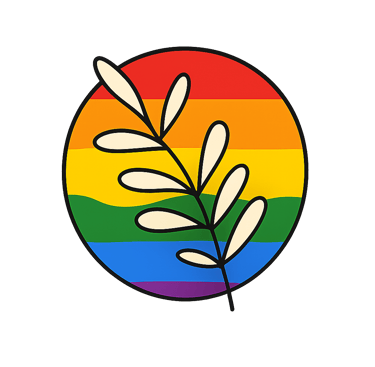 Minimalist plant leaf branch illustration over a circular rainbow pride flag icon.