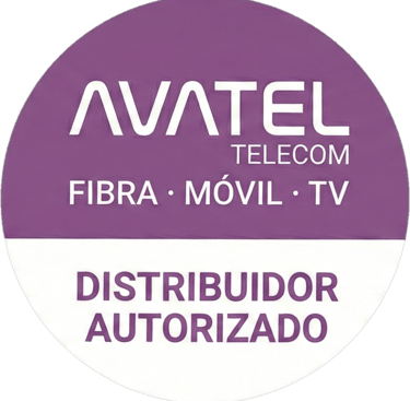 Avatel Telecom authorized distributor badge for fiber optic, mobile, and TV services.