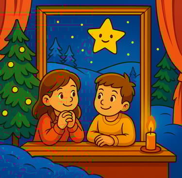 Ein kleiner Stern, der wieder am Himmel leuchtet und zwei Kinder, die sich freuen. Aus: Lumi