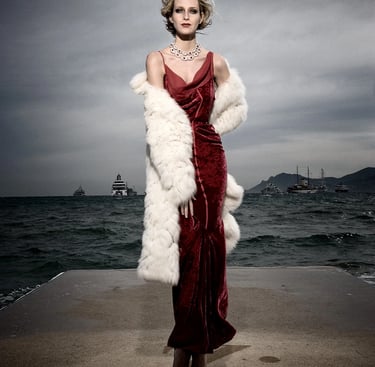 Model wearing evening dress and coat standing on a dock with the ocean and ships in the background